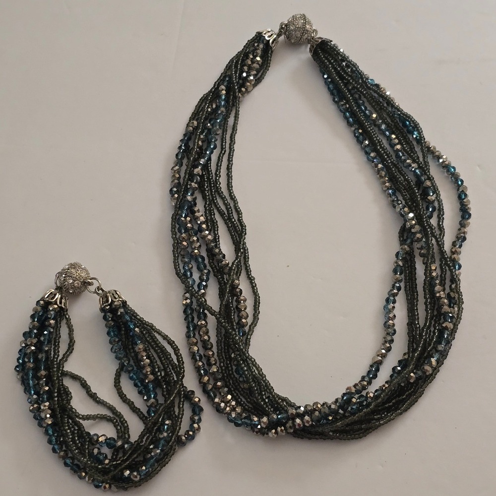 Vintage Premier Designs Blue Gunmetal Multi Strand Beaded Necklace Bracelet Set